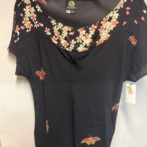 Anne Namba Black Scoop Neck Tee with Floral Trim